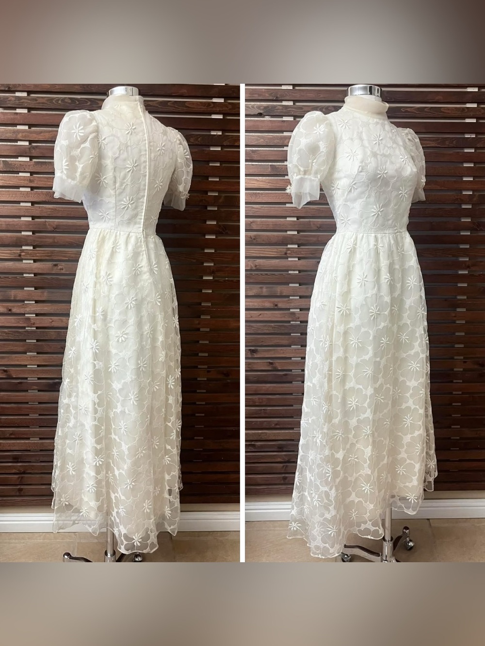 1960s Vintage Ivory Off White Sheer Floral Satin Short Sleeve Wedding Dress Gown